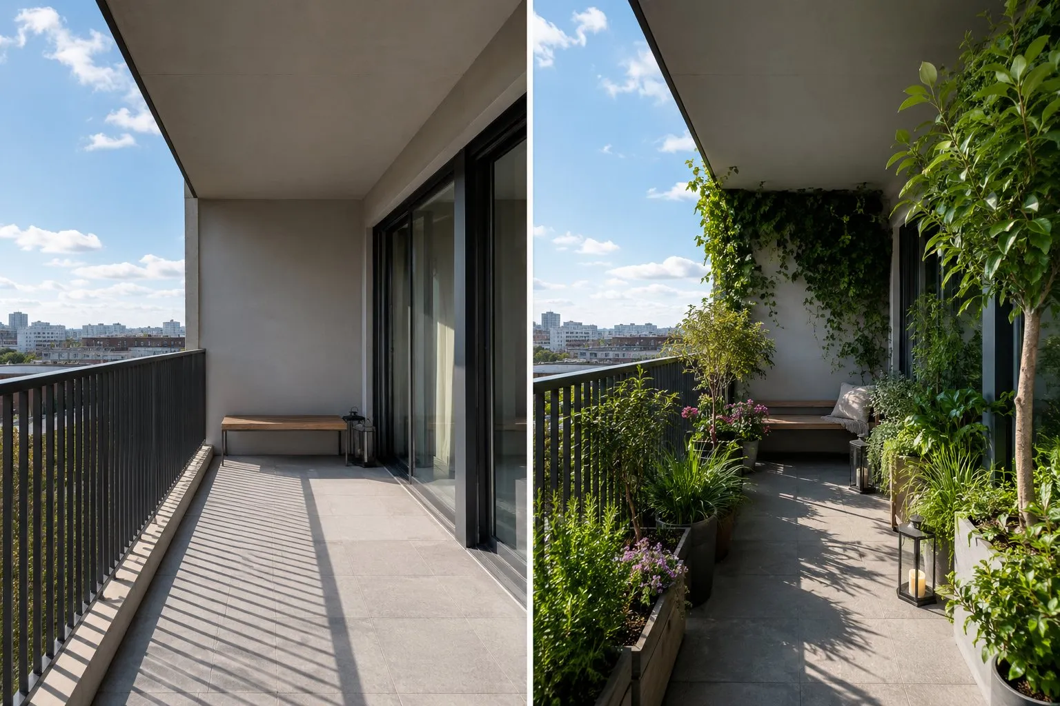 Un balcon nu à côté du même balcon végétalisé
