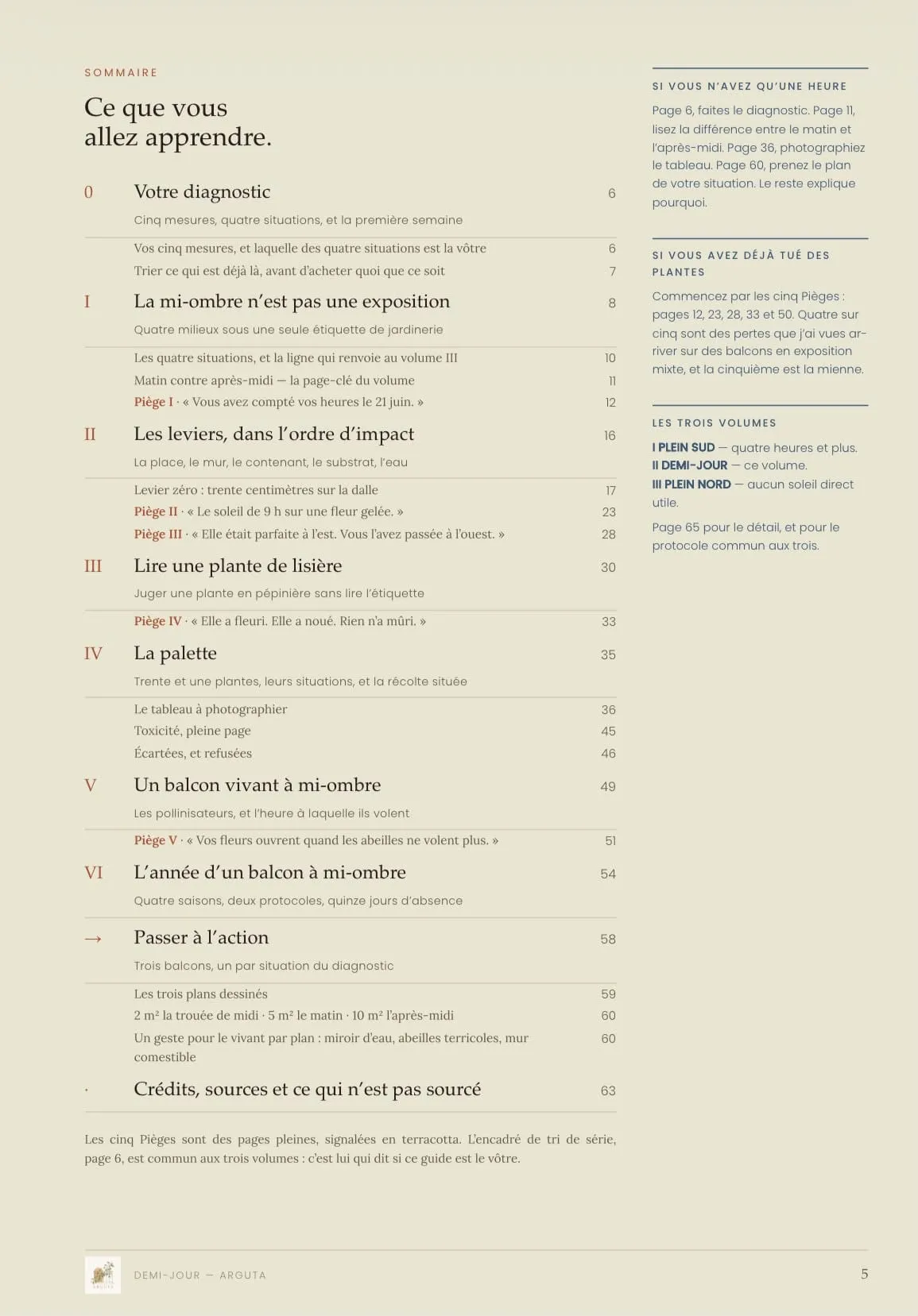 Sommaire du Guide Demi-Jour : les six chapitres, du diagnostic à l’année d’un balcon à mi-ombre